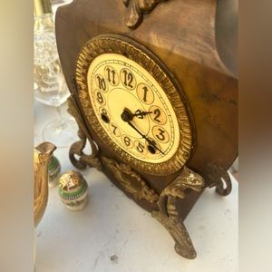 Antique Victorian Mantel Clock w Cast Iron Body and Ornate Copper, Brass Trim